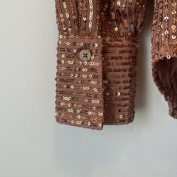 Anthropologie Bronze Sequin Blouse $130 Top XS Small Petite L/S Button Down NWT - Picture 7 of 12